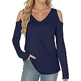 Buauty Womens V Neck Cold Shoulder Tops Long Sleeve T Shirts Loose Basic Tops Sexy Casual Blouses 2025 Trendy Tshirt Navy Blue