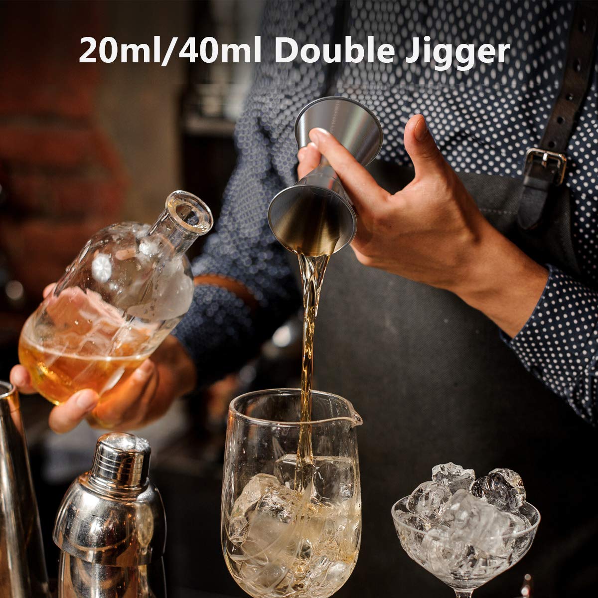 FLOUREON Cocktail Making Set Cocktail Shaker Bartender Kit,6-Piece Cocktail Shaker,Stainless Steel 6-Pieces Dishwasher Safe with x2 Bottle Pourers 20ML/40ML Double Jigger Ice Crusher 26.4CM Bartender Spoon