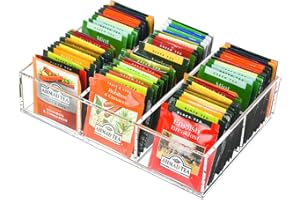 Tasybox Tea Bag Organizer, Clear Acrylic Tea Bag Holder with 6 Slot, Tea Packet Storage for Drawer, Pantry, Kitchen, Cabinet, Countertop