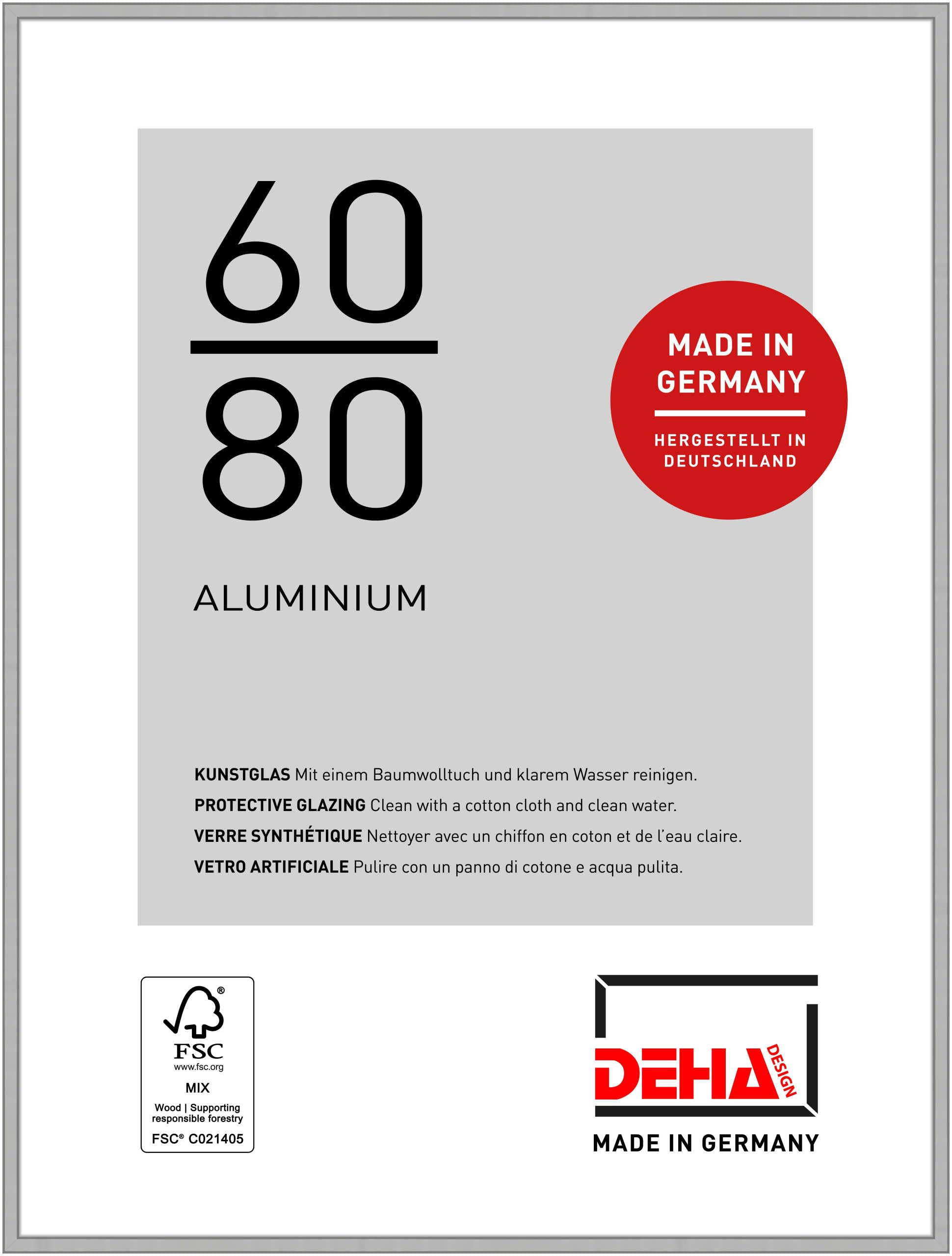 DEHA Design Boston Aluminium Picture Frame - 60x80 cm – Frosted Silver - with Synthetic Glass and Push/Turn Clips