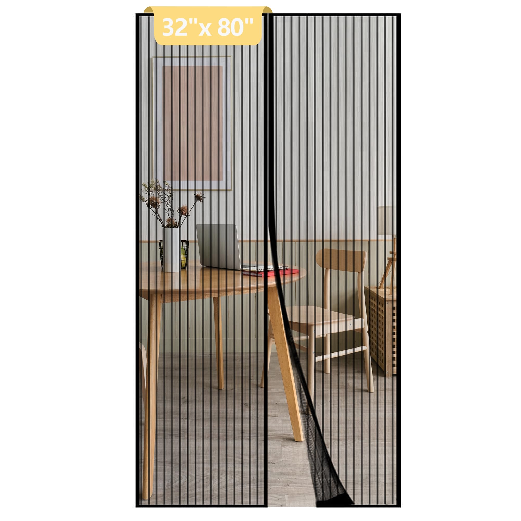 Photo 1 of **MISSING PARTS - No Velcro**
LJZOPU Magnetic Mesh Screen Door Curtain,Heavy Duty Polyester Material,Hands Free Entry and Self Sealing Design Keep Bugs Out, Pet and Kid Friendly,Easy Install,Black(32" x 80")