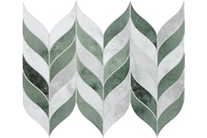 sunwings 10-Sheet Leaf Waterjet Peel and Stick Backsplash, 12.4" x 10.7" Green Marble Looks Self-Adhesive Wall Tiles, Stick on Backsplash for Kitchen & Bathroom