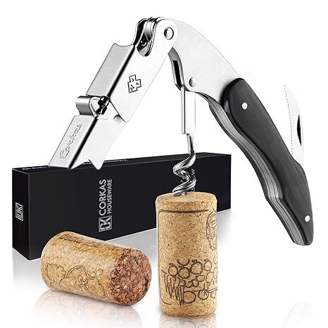 CORKAS Kellnermesser - multifunktionaler Korkenzieher mit Natur Ebenholzgriff - Weinöffner & Flaschenöffner für Kellner & Bar