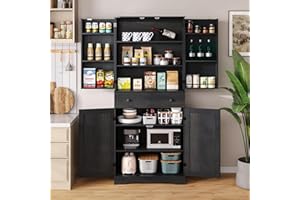 XAWXAW 71 Inch Kitchen Pantry Cabinet, Farmhouse Kitchen Cupboard with Barn Doors and Large Drawer, Tall Storage Cabinet with Hanging and Adjustable Shelves for Dining Room, Bathroom, Living Room, Black