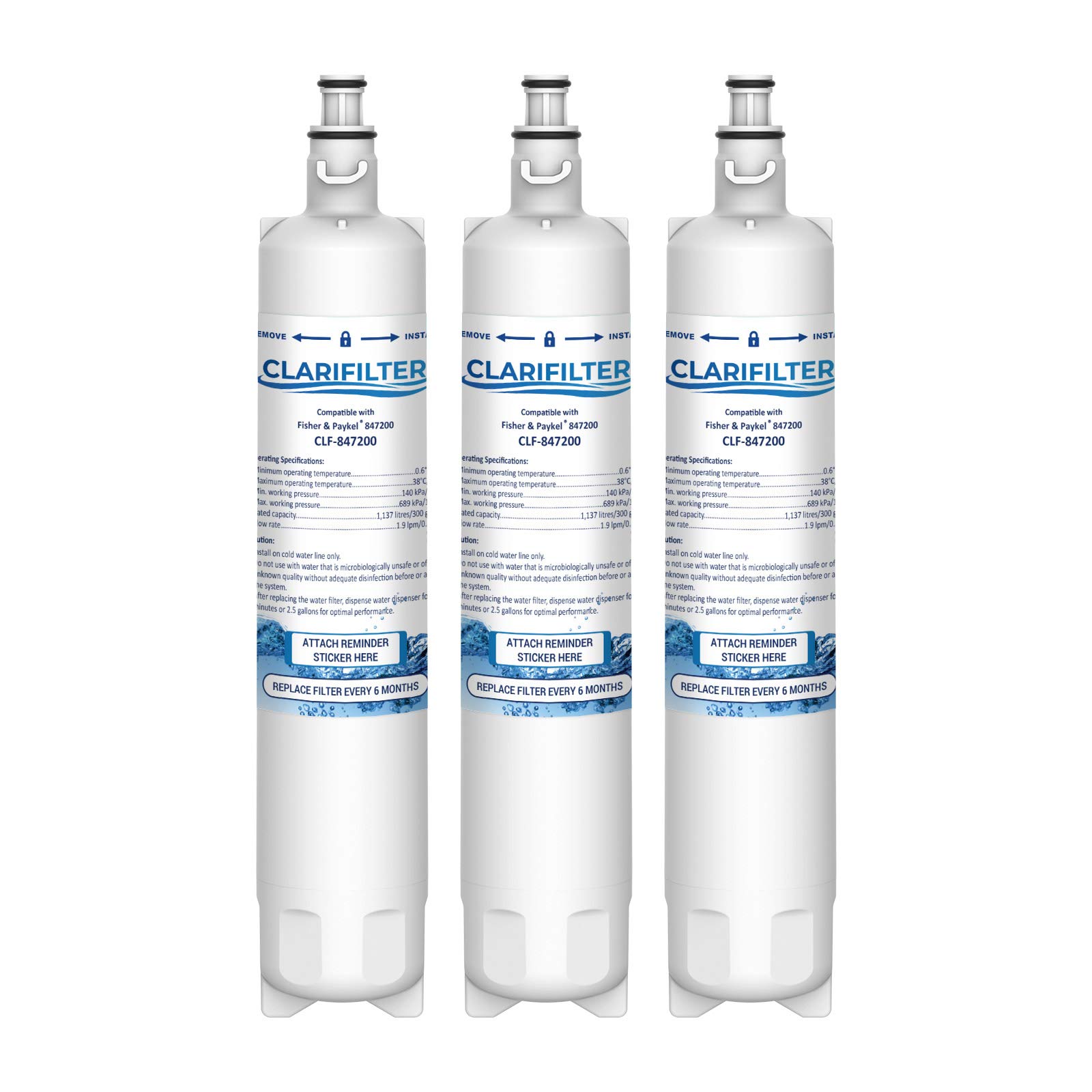 Clarifilter 847200 Fridge Freezer Water Filter compatible with Fisher & Paykel 847200; RF605QDUVX1; RS9120W Activesmart Integrated; RS90A, RS36, RF522ADUX5; RF610, RF605Q, RS9120, RF522 (3)