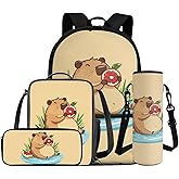 FANCOSAN Cartoon Capybara Girls Bookbag Ages 6-8 Lightweight Girls Bookbag with Lunch Box and Pencil Case Set 4 Piece Kids School Bag Kindergarten Preschool for Travel Outdoor