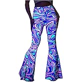 GORGLITTER Women's Neon Rave Pants Flared Leggings Bell Bottom Y2k 70s Festival Outfit Cute Hippie Disco Trousers