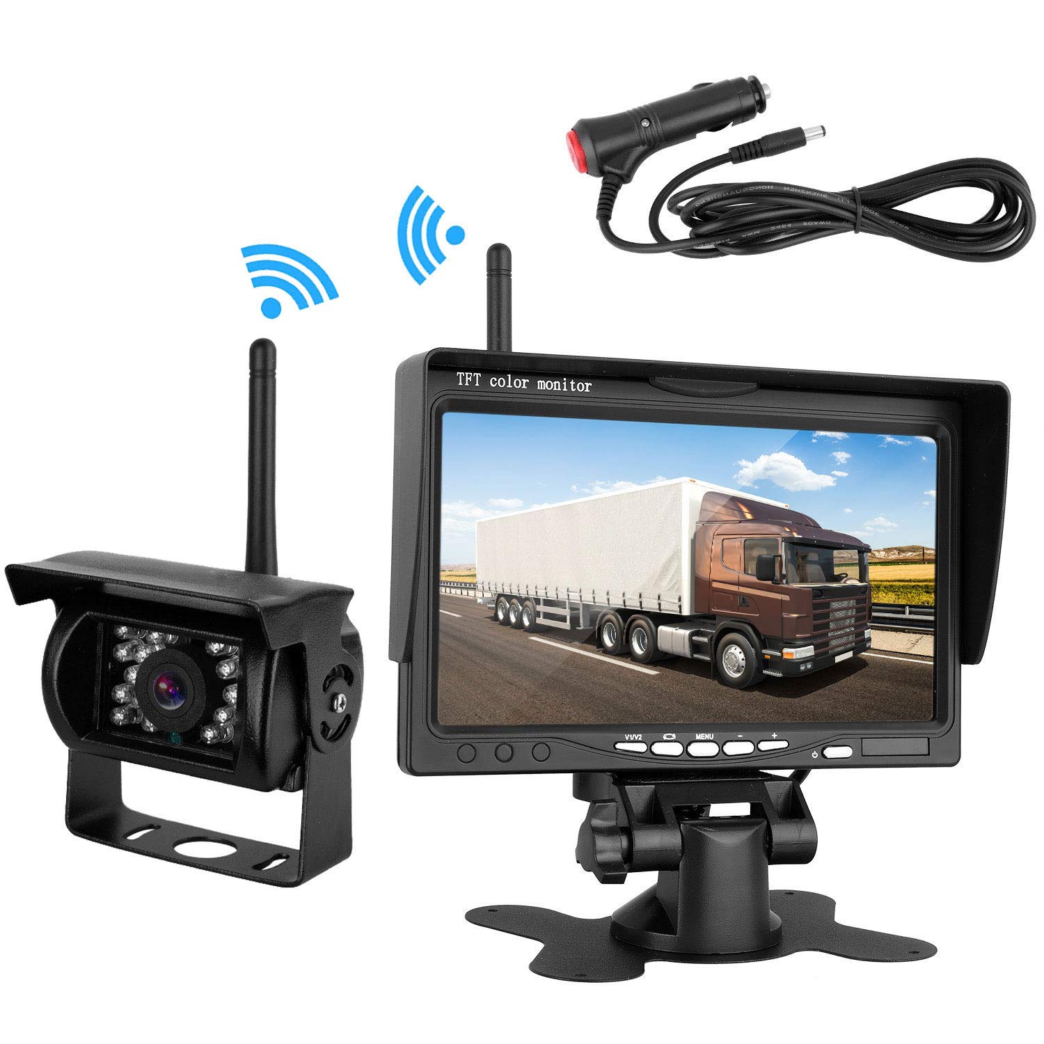 Emmako Backup Camera Wireless and 7'' Monitor Kit For RV/Truck/Trailer/SUV  Guide Lines ON/Off IP68 Waterproof Night Vision Built-in Wireless  Rear/Front View ...