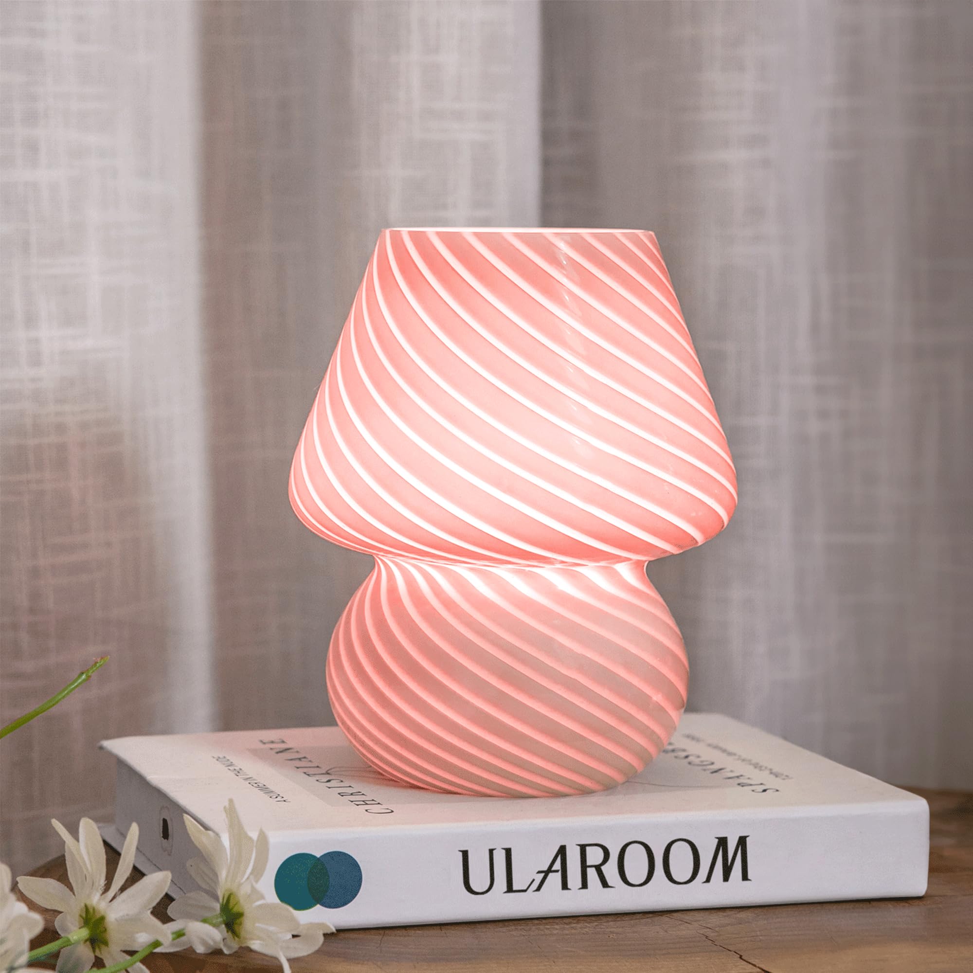 Photo 1 of ULAROOM USB Plug-in Mushroom Lamp Small Bedside Table Lamp with 3 Temperature LED Bulb, Free Dimming Nights Light for Bedroom/Living Room/Entryway/Corner Decor (Stripe Pink)
