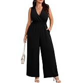 RWJ Plus Size Jumpsuits for Women Dressy Casual Zipper V-Neck with Pockets | Sleeveless, Wide Leg Pant, Empire Waist, Formal Wedding Guest, Cocktail Party, Business Casual, Evening, Homecoming, Vacation