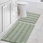 H.VERSAILTEX Bathroom Rugs Bath Rug Set 2 Piece Bathroom Contour Rug Toilet Mat Sets Non Slip Contour Bath Rug Ultra Thick Water Absorbent Striped Bath Mats Washable(20" x 32" Plus 20" x 20" U, Sage)