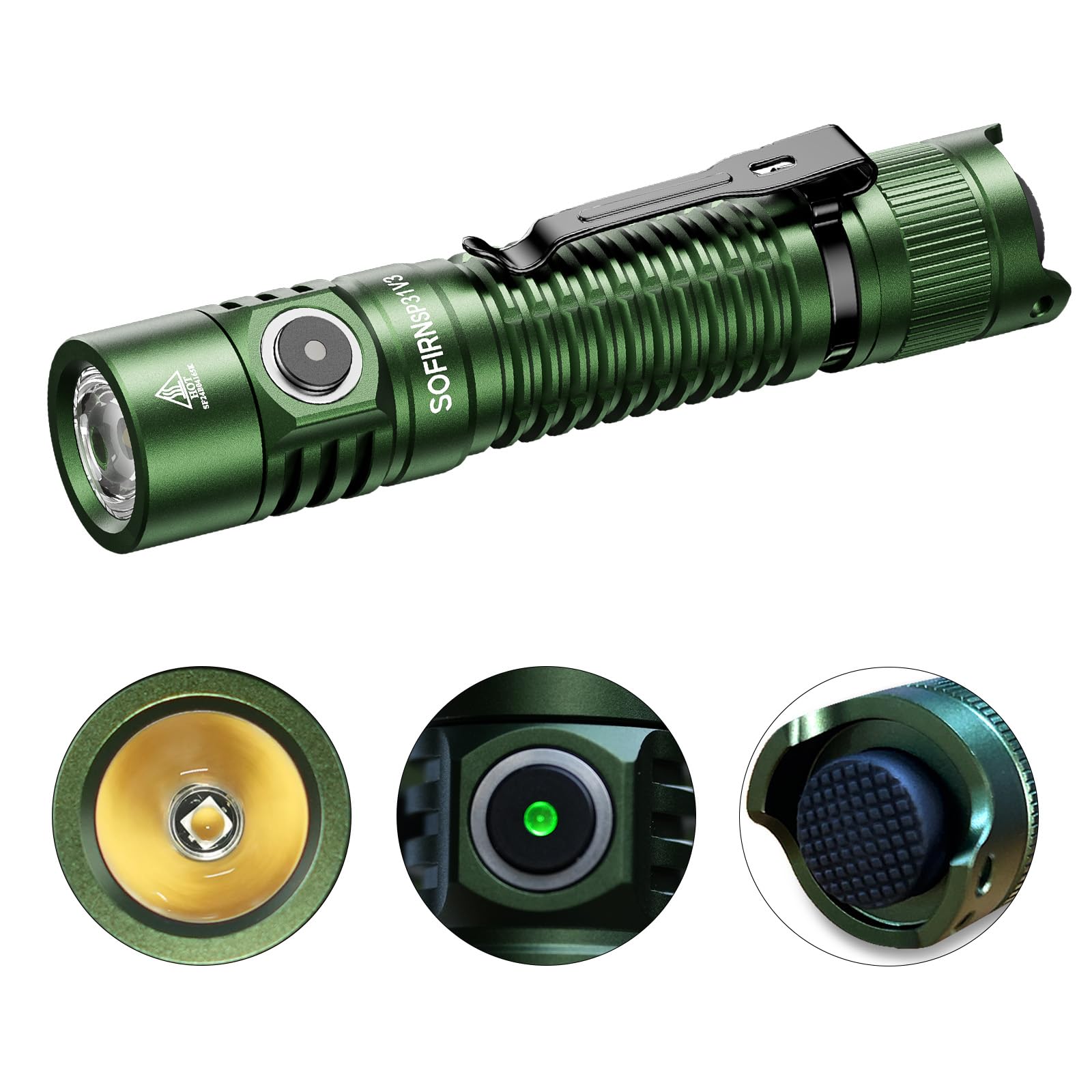 Sofirn 1200 Lumens Tactical Torch Led Flashlight with Dual Switches SP31 V3 519A USB C Rechargeable Torch 5000K,Green