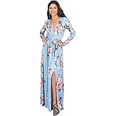 KOH KOH Womens Long Sleeve Floral Print V-Neck Cross Over High Slit Cocktail Evening Gown Maxi Dress