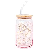 Silver Buffalo Disney Princess Glass Tumbler with Bamboo Lid and Glass Straw Featuring Pocahontas, Tiana, Snow White, Ariel, Belle, Jasmine, Rapunzal, Cinderella, and Moana, 16 Ounces