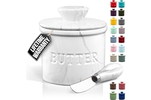 Zulay Kitchen Porcelain Butter Crock With Lid & Knife - Authentic French Butter Dish For Fresh & Spreadable Butter - Marble