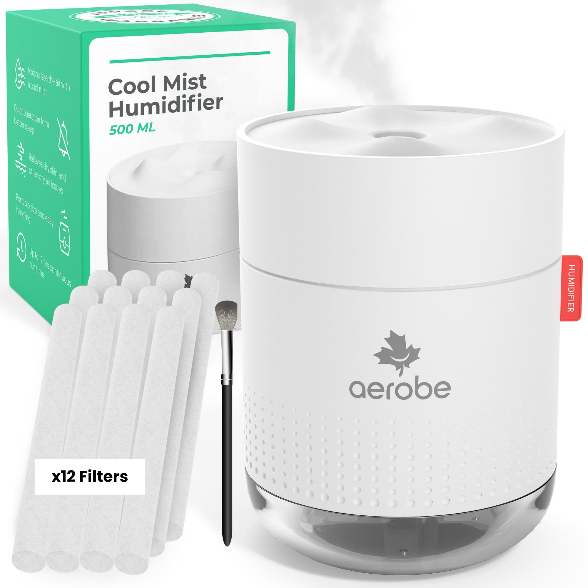 Aerobe Humidifier for Bedroom with 12 Extra Filters, 500ML Cool Mist Humidifiers for Home and Plants, Humidifiers for Baby with 12~16 Working Hours, Waterless Auto-Off Mini Humidifier