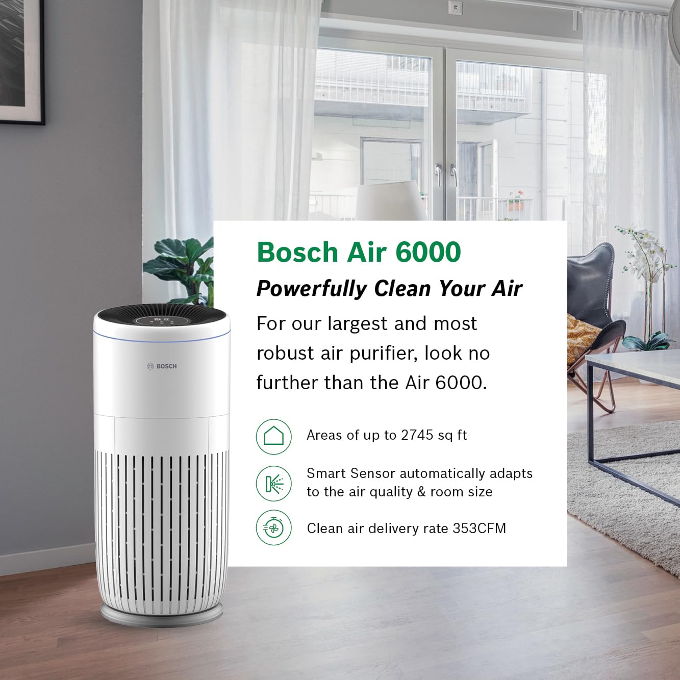 BOSCH Air Purifier for Home, Large Spaces (Covers, 2745-sq ft), 4-in-1 Filter for Pollen, Viruses, Smoke, Dust, Dander, Outdoor Pollution, Odors, HEPA, ENERGY STAR, Air 6000, White