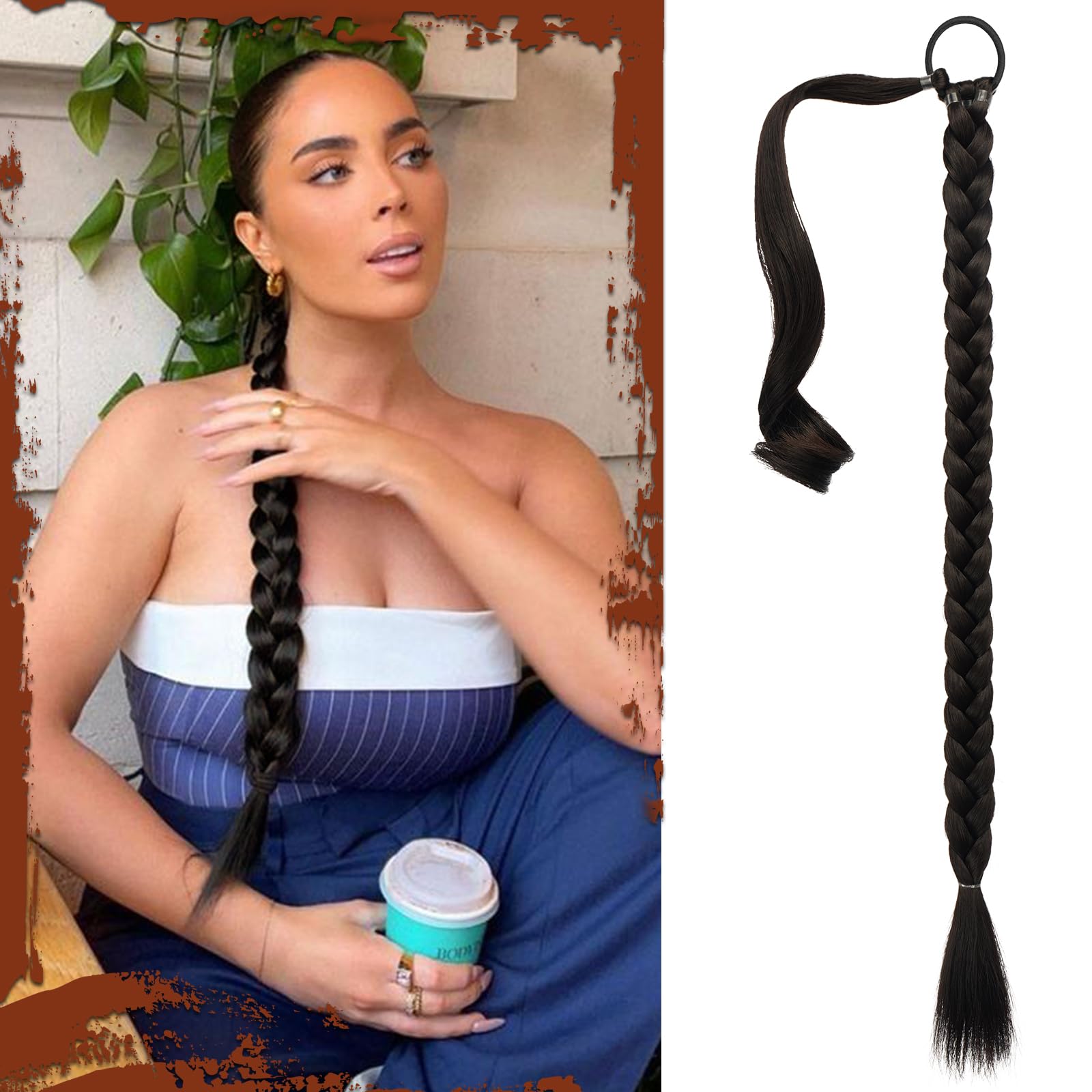 Sofeiyan Long Braid Ponytail Extension with Hair Tie Straight Sleek Wrap Around Hair Extensions Braid Pony Tail Fluffy Natural Soft Synthetic Hairpieces for Women Daily Wear, 30 inch-Dark Brown