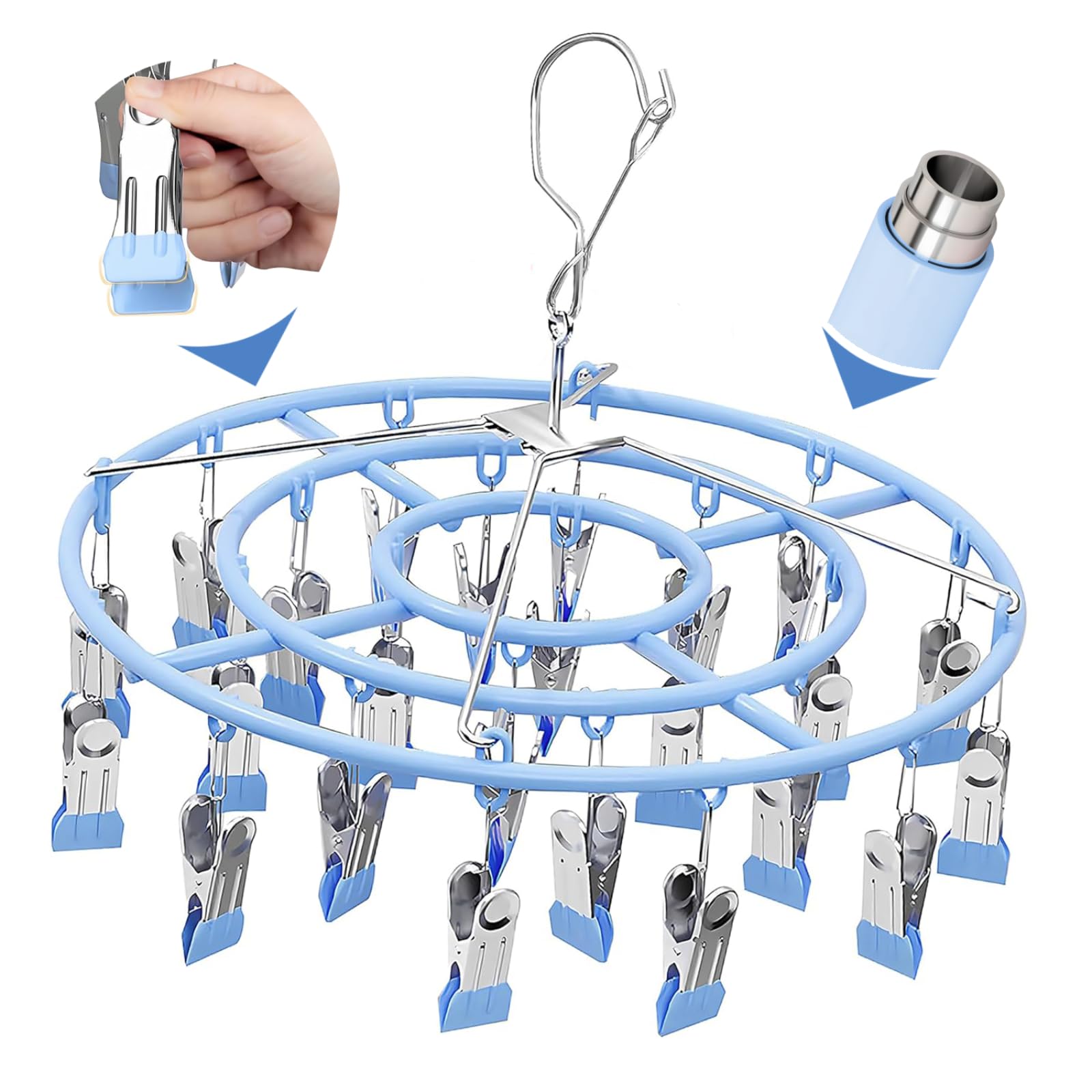 Compact Sock and Underwear Dryer Hanger - Ultimate Space-Saving Clothes Maiden With Strong Metal Clips for All Drying Solutions (Blue 24 Clips)