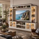 Nordivale White Farmhouse TV Stand, Entertainment Center, 98" Wall Unit Media Console with Bookshelf, Cabinet &amp; Power Outlets &amp; Barn Doors, Fits TVs Up to 75&rdquo; for Living Room