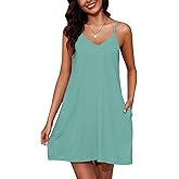 Marvmys Womens Cotton Sleeveless Nightgown Spaghetti Strap V Neck Full Slip Sleep Dress with Pockets