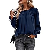 Theenkoln Womens Pleated Tunic Tops: Crew Neck Long Sleeve Solid Color Casual Trendy Work Business Blouses Tops