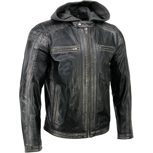 Men's Vintage Leather Jacket Quilted Style Zip Up Fabric Hooded