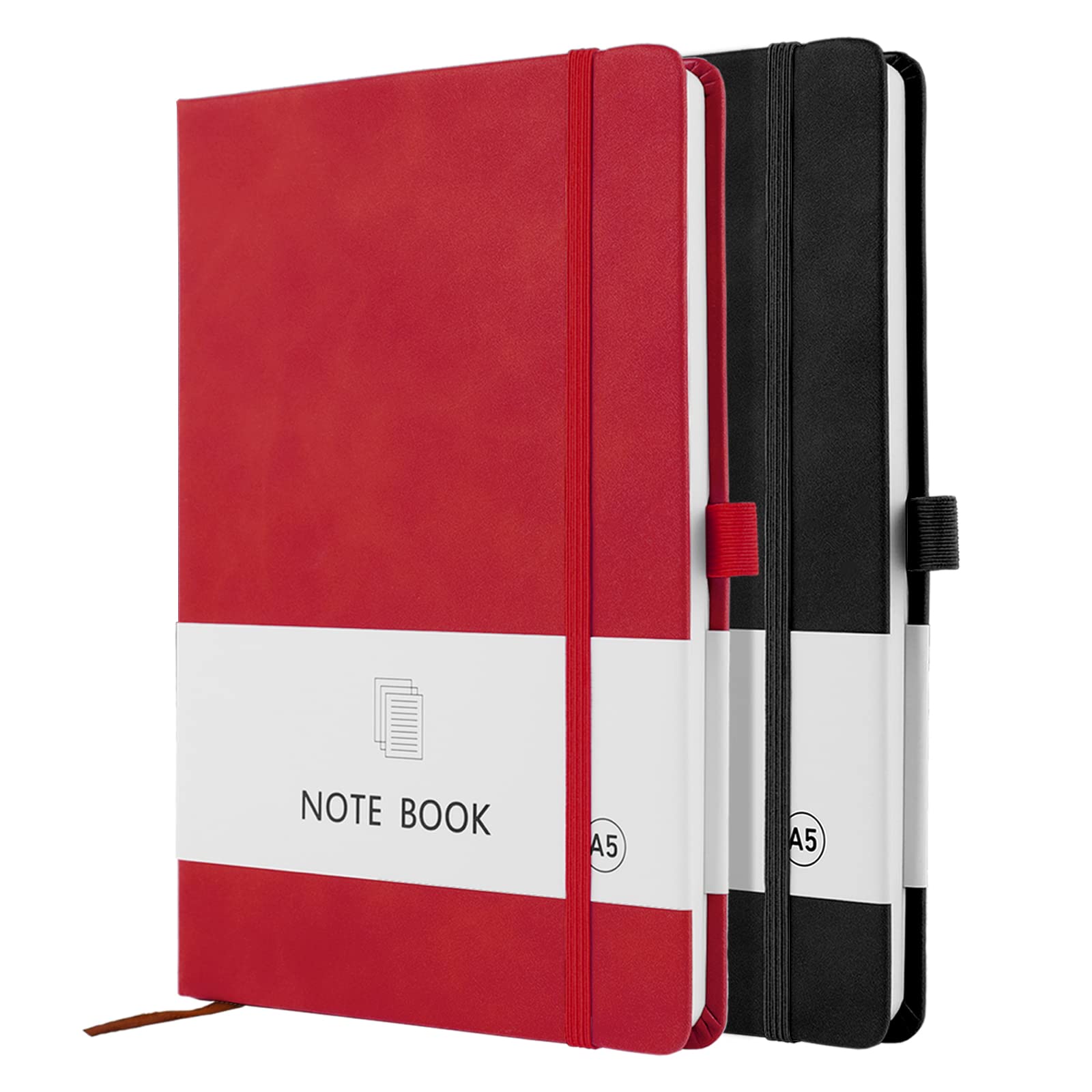 A5 Notebook, 2 Pack Notebook A5 200 Pages 100 GSM Journal Notebook Hardback Notepad with Bookmark, Pen Loop, and Elastic Closure (Black+Red)
