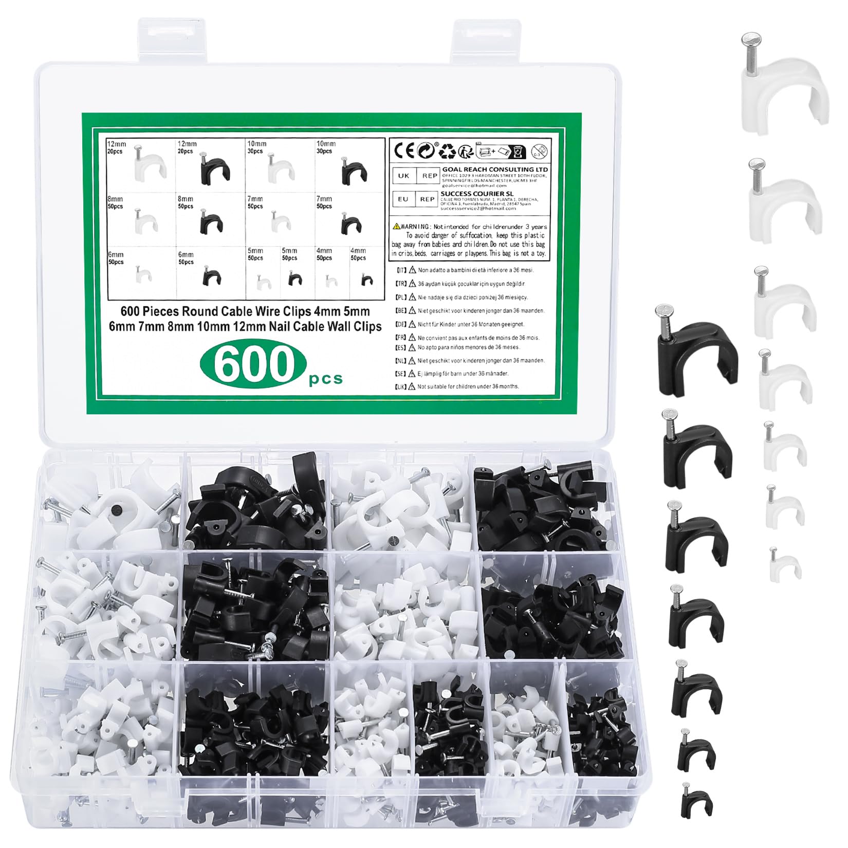 600 Pcs Round Cable Clips Black White Wire Tidy ClipCable Nail Clips, Cable Management ClipsCable Tidy ClipsPins with Steel Nails Tacks for Ethernet Cables, 4mm 5mm 6mm 7mm 8mm 10mm 12mm