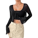 SHENHE Women's Mesh Sheer V Neck Tie Front Long Sleeve Solid Crop Cardigan