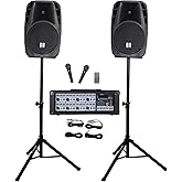 Rockville RPG2X12 Bundle: Dual 12-in 1400W Peak/350W RMS Passive DJ PA Speakers with Stands and Mics, 8-Channel 1400W Powered Mixer with Bluetooth, 2-Items