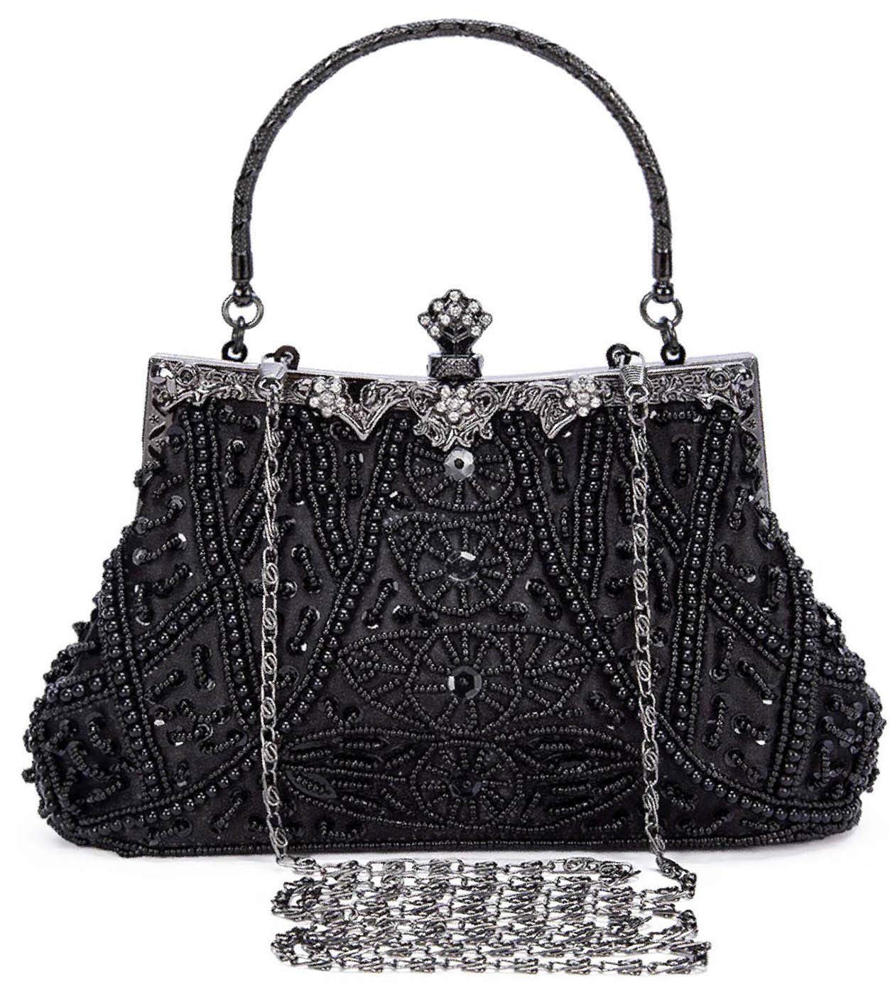 Selighting 1920s Vintage Beaded Clutch Evening Bags for Women Formal Bridal Wedding Clutch Purse Prom Cocktail Party Handbags (Black)