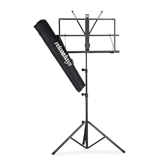 Relaxdays Notenständer mit Tasche, Notenpult, Orchesterpult, Notenablage, klappbar und leicht, 60-130 cm, in Schwarz