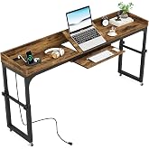 LITTLE TREE Overbed Table with Wheels Adjustable Height, Rolling Table with Outlets &amp; USB Ports for Queen Bed, Giant Adjustable Over the Bed Desk with Tilt Stand, Brown