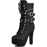 ForeMode Women's Goth Leather Block Heel Ankle Boots Fashion Studded Ankle Strap Trim Punk Boots
