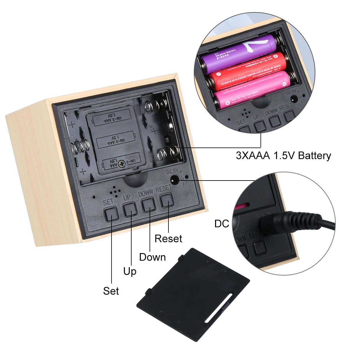 Soyion LED Réveil en Bois Affichage numérique avec Contrôle LED Horloge de Bureau Décorez Votre Maison et le Bureau, Alimenté par USB ou Batterie - Forme Cube (Bois cube & vert mot) (Square)