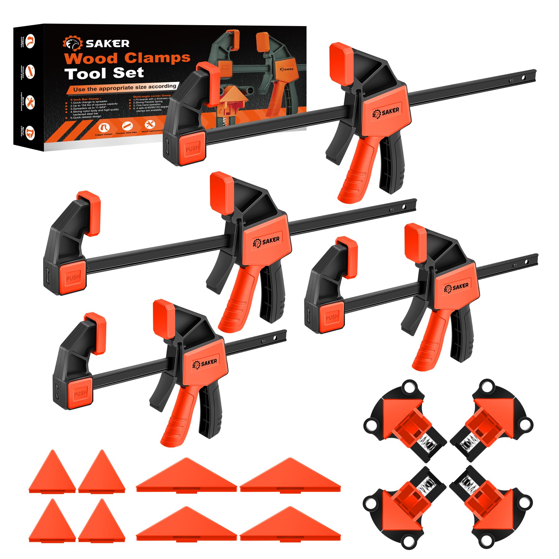 Photo 1 of **T IS USED, IT IS MISSING PARTS AND IT IS NOT KNOWN IF IT WORKS AT 10%**Saker Bar Clamps for Woodworking, Multi Degree Angle Clamp, 6" Quick Grip Clamps, Wood Working Clamps Sets, Quick Clamps F Clamp (Orange 6"+12" Bar Clamps*2+Angle Clamps*4)