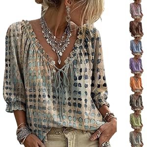 Womens Polka Dot Lace up Blouses 3/4 Sleeve V Neck Peasant Top Summer | Boho Tops for Women, Abstract Geometric, Soft Comfy,