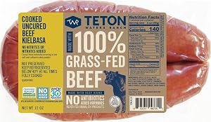 Teton Waters Ranch 100% Grass-Fed Beef Kielbasa Polish Rope Sausage, Uncured & No Sugar Added, Certified Humane - 12oz