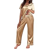 Ekouaer Satin Pajamas for Women Short Sleeve Silk Pajama Sets Soft Sleepwear Top with Causal Long Pj Pant