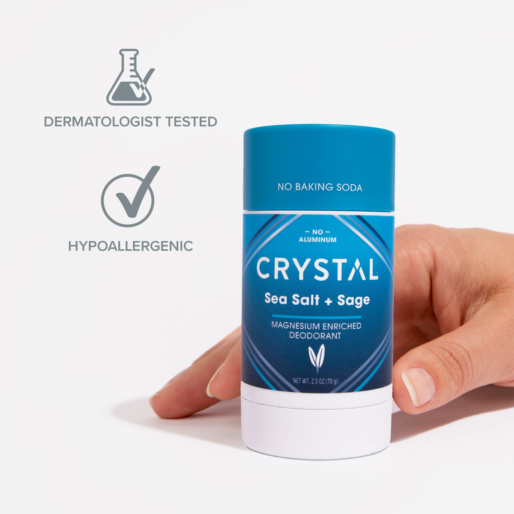 Crystal Magnesium Solid Stick Natural Deodorant, Non-Irritating Aluminum Free Deodorant for Men or Women, Safely and Effectively Fights Odor, Baking Soda Free, Sea Salt + Sage, 2.5 oz