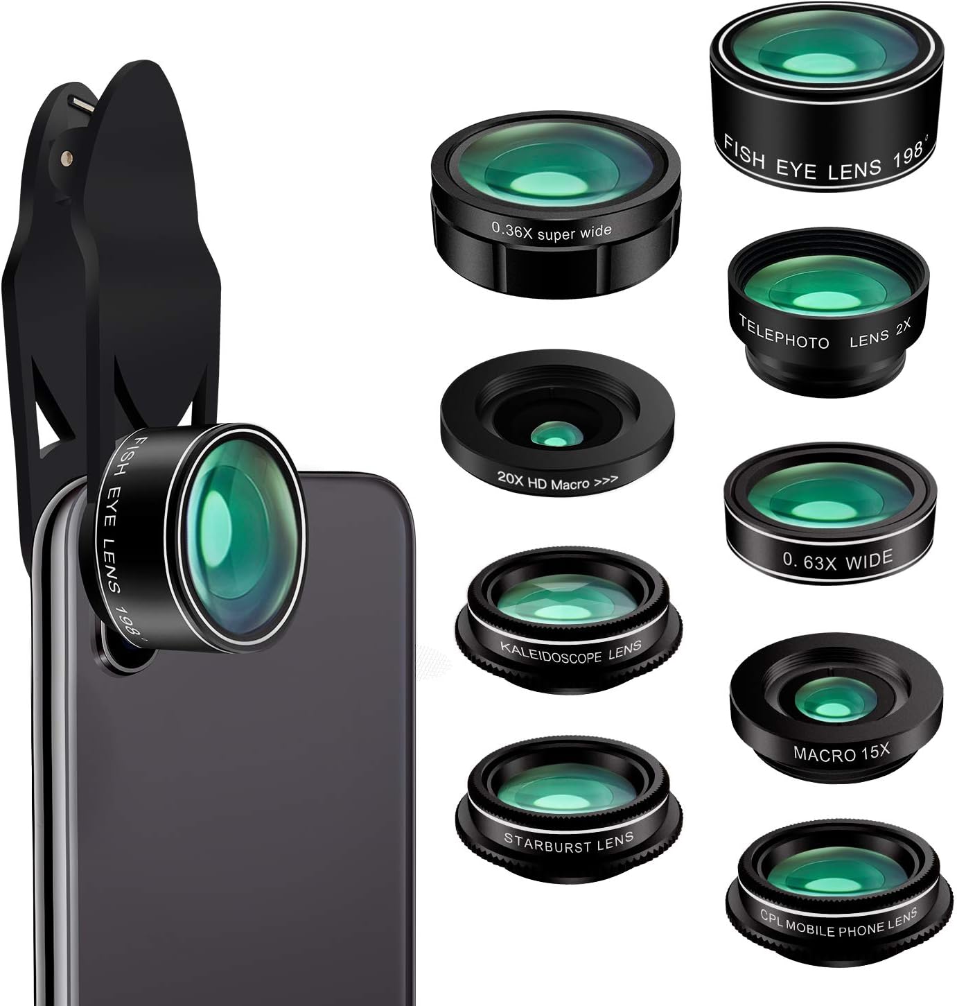 Cell Phone Camera Lens, Kaiess 9 in 1 Wide Angle Lens,Macro Lens,Fisheye Lens,Telephoto Lens,CPL Lens, Kaleidoscope and Starburst Lens Compatible with iPhone,Samsung,Most Andriod Phones