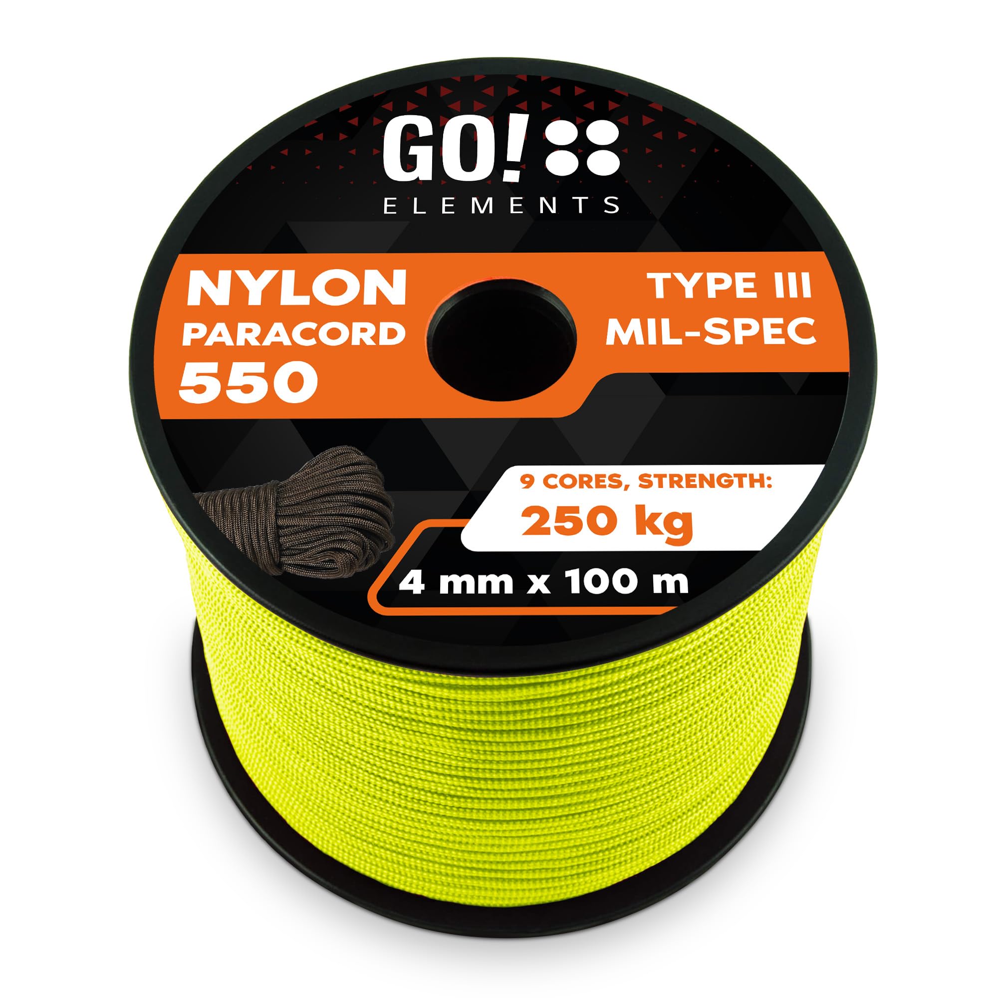 GO!elements 100m Paracord made of Nylon Rope - 4mm Paracord 550 Type III - suitable as Drawstring Cord, Washing Line Rope, etc. | Max. 250kg, Color:Neon