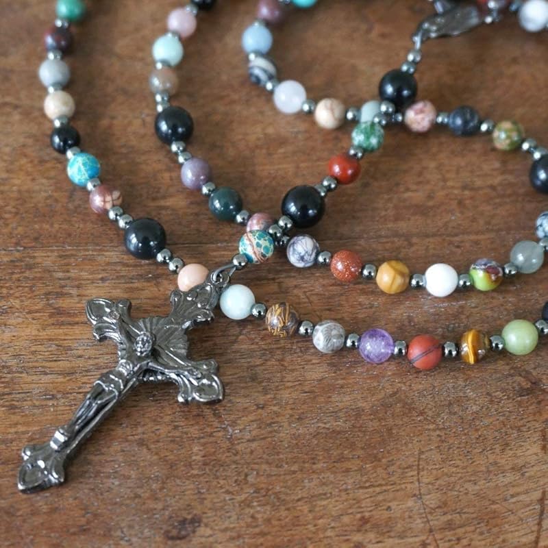 7 Decade Handmade Franciscan Crown Rosary featuring colorful mixed gemstone beads