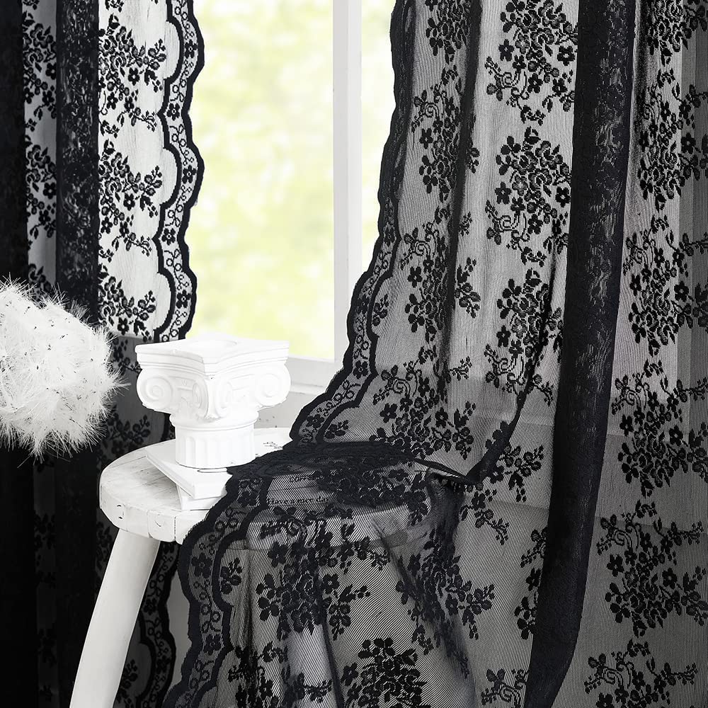 YJ YANJUN Black Net Curtains - Goth Voile Sheer Lace Panels, 52 W x 72L Inch (132cm x 183cm) for Living Room, Halloween Decor