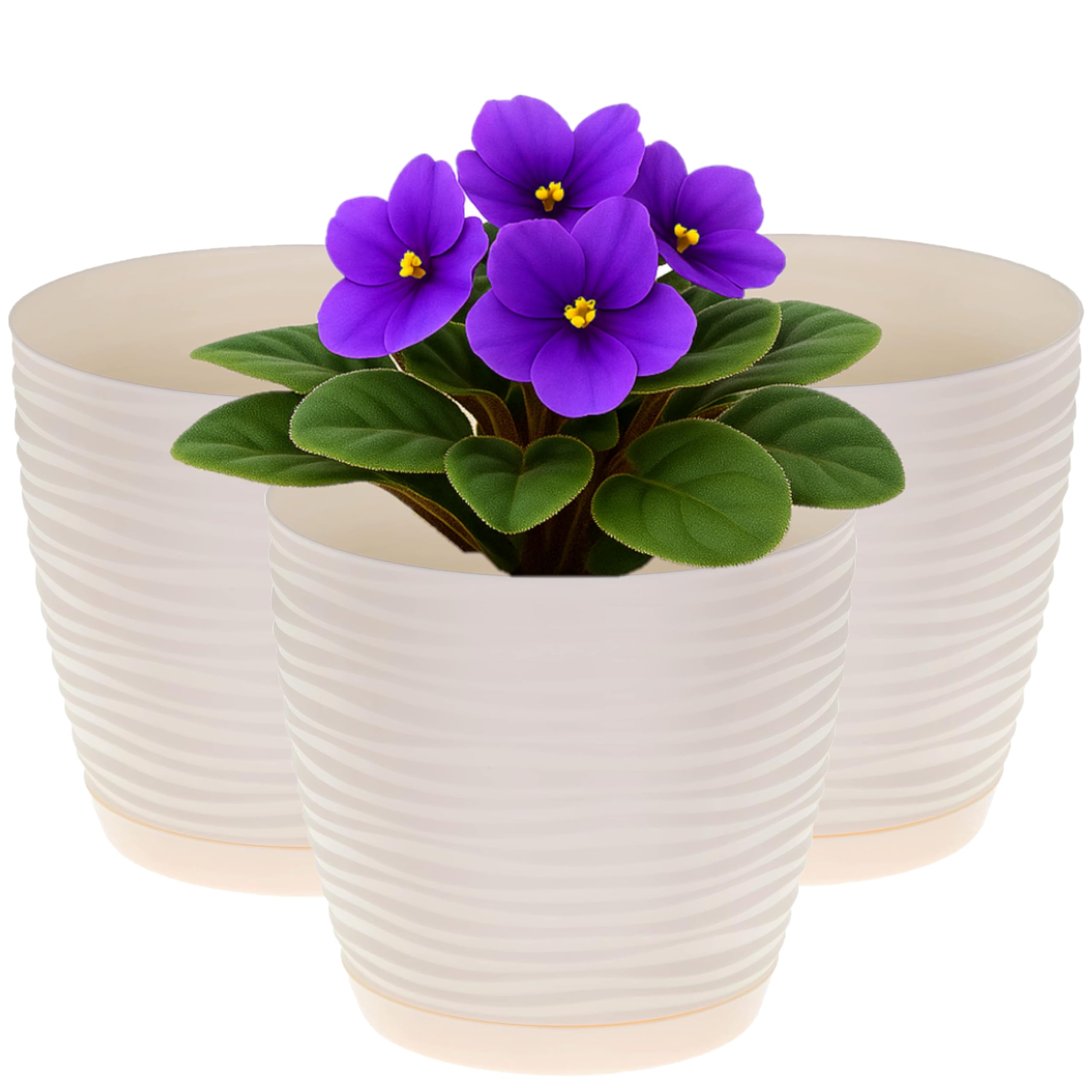Home Garden Ornaments Wave Plant Pots Indoor, Set of 3 Indoor Plant Pot with 3D Effect, Drainage Holes, and Integrated Saucer, Plastic Flower Pots (Diameter: 15cm, Colour: Cream)