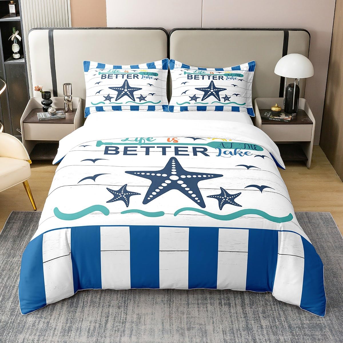 100% Natural Cotton Lake House Duvet Cover for Boys Girls,Nautical Paddle Bedding Set,Farmhouse Coastal Starfish Seagull Comforter Cover,Blue White Striped Geometric Bed Sets with 1 Pillowcase,Single