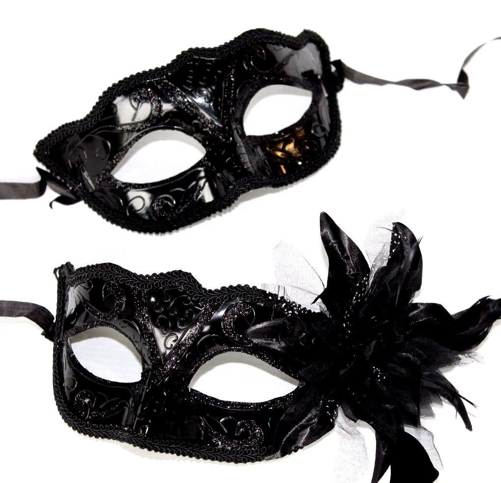 THE GOOD LIFE HIS N HERS PAIR OF CO-ORDINATED BLACK GLOSS VALUE HALLOWEEN VENETIAN MASQUERADE CARNIVAL PARTY EYE COUPLES MASKS