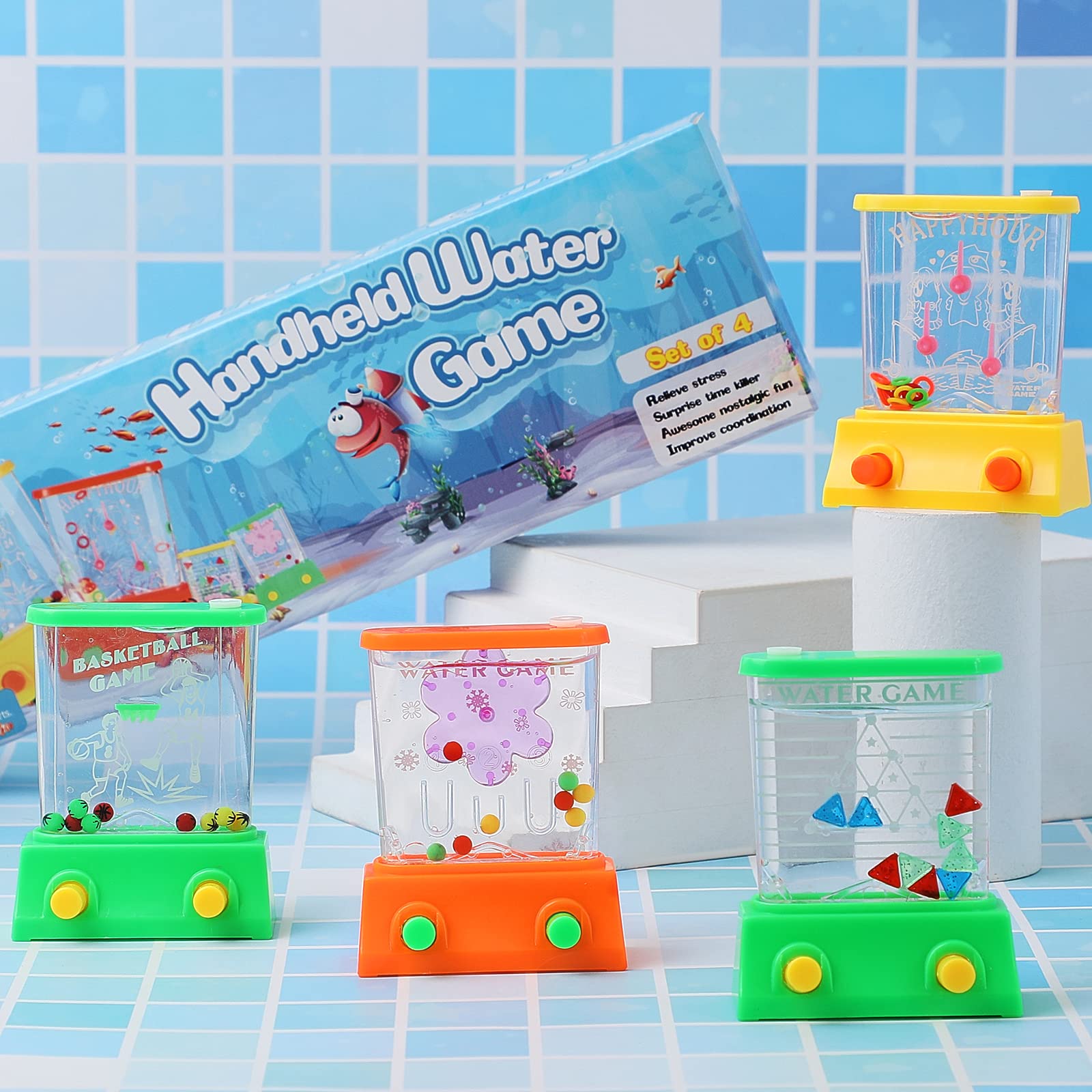 4 Pieces Handheld Water Game Arcade Water Ring Water Tables for Beach Toys Fish Rings Party Favor Fun Game Basketball Fun Gifts Without Water in a Gift Box 2.6 x 3.27 in (Vivid Style)
