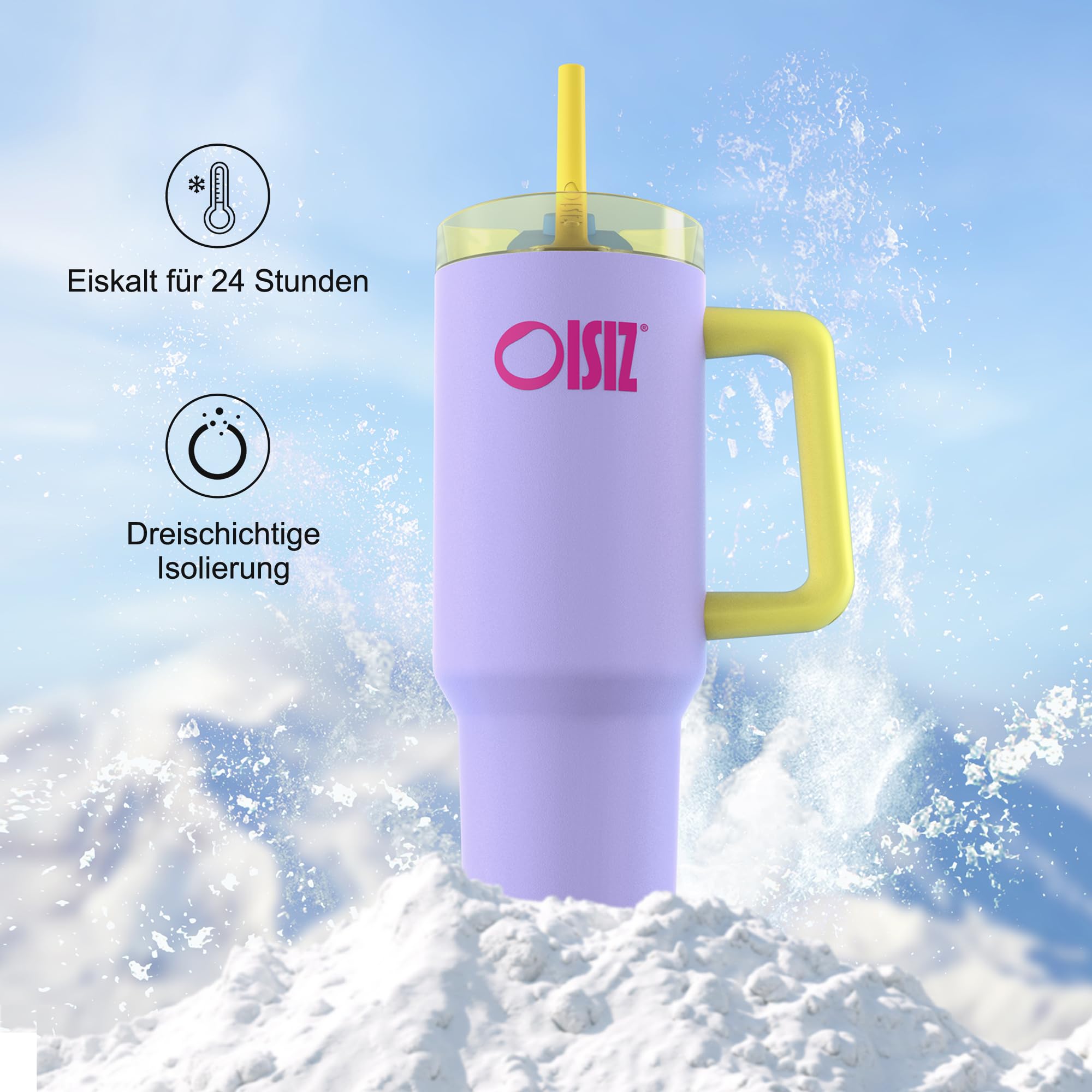 OISIZ Becher mit Griff und Trinkhalm,1200 ml/1.2L Isolierter Edelstah Thermobecher,Wasserflasche EiskaffeeReisebecher,Trinkflasche mit Strohhalm,Deckel zum Schlürfen oder Trinken,BPA-frei 5